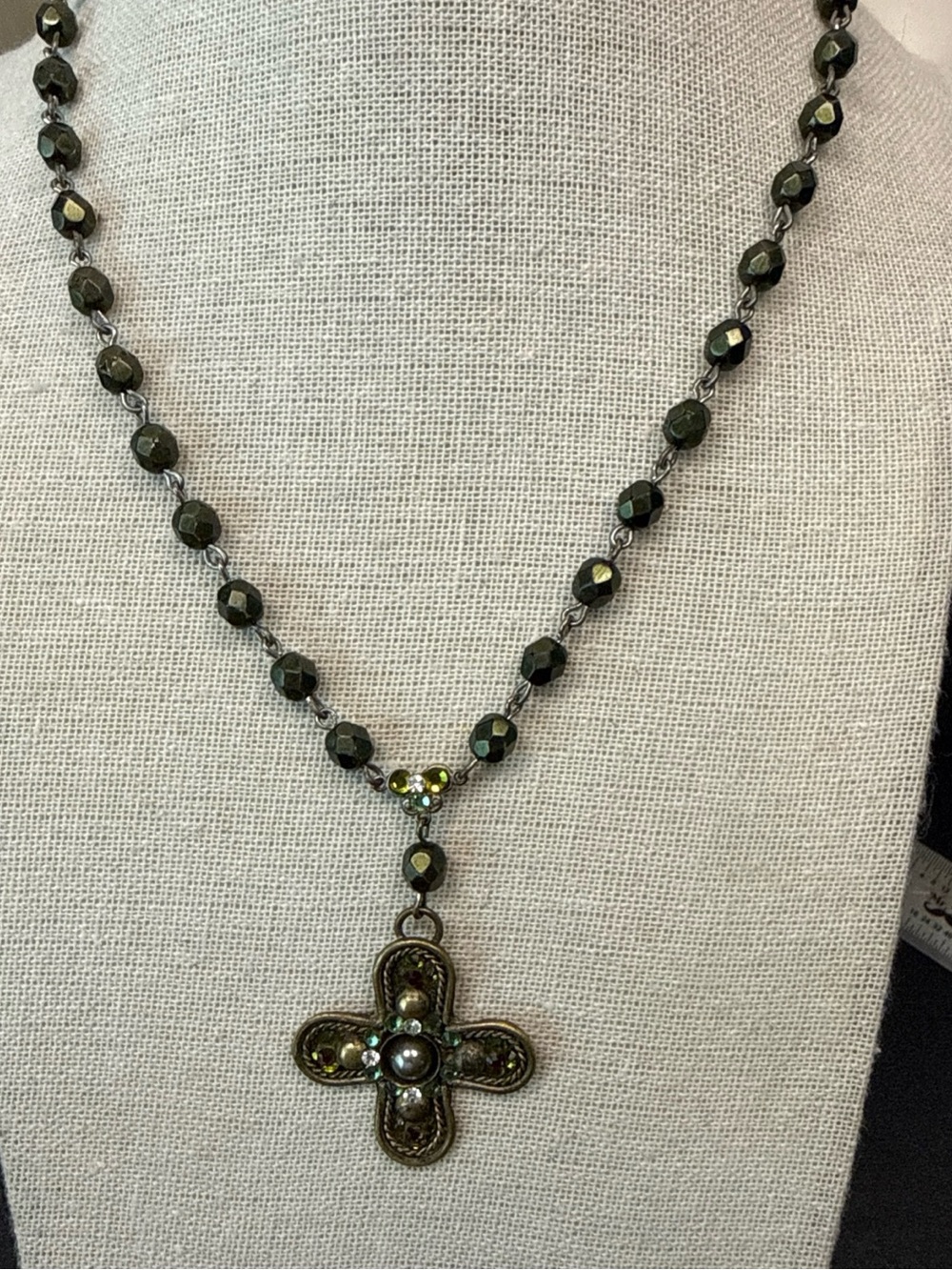 Designer F.A.I.T.H. Rhinestone And Glass Beaded Cross Necklace 20-22 Inch. Green